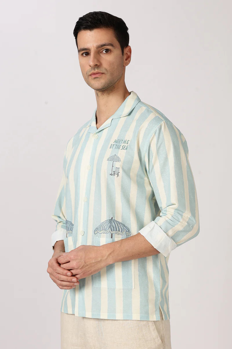 Seaside Meet Cotton Box Fit Mint Green Embroidered Shirt