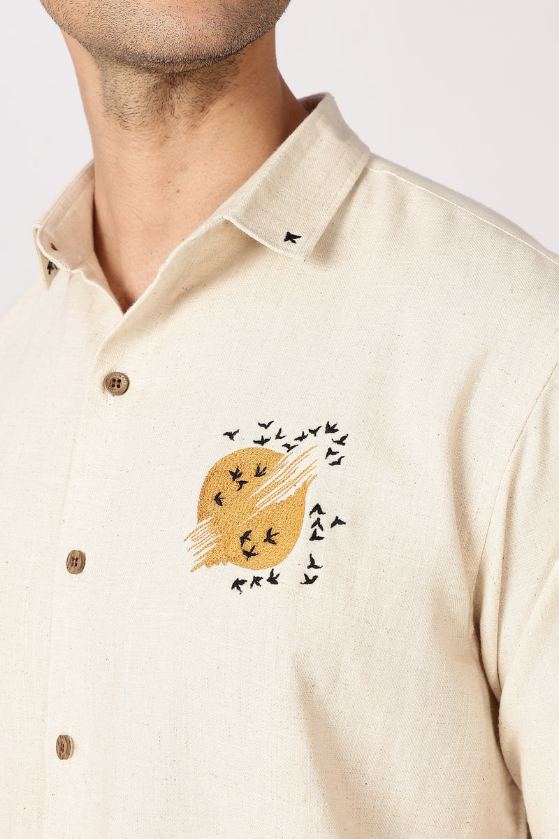 Sunflight Cotton Regular Fit Beige Embroidered Shirt