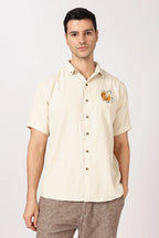 Sunflight Cotton Regular Fit Beige Embroidered Shirt