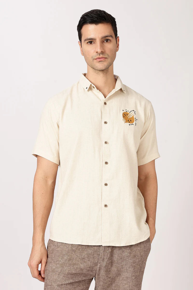 Sunflight Cotton Regular Fit Beige Embroidered Shirt