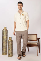 Sunflight Cotton Regular Fit Beige Embroidered Shirt