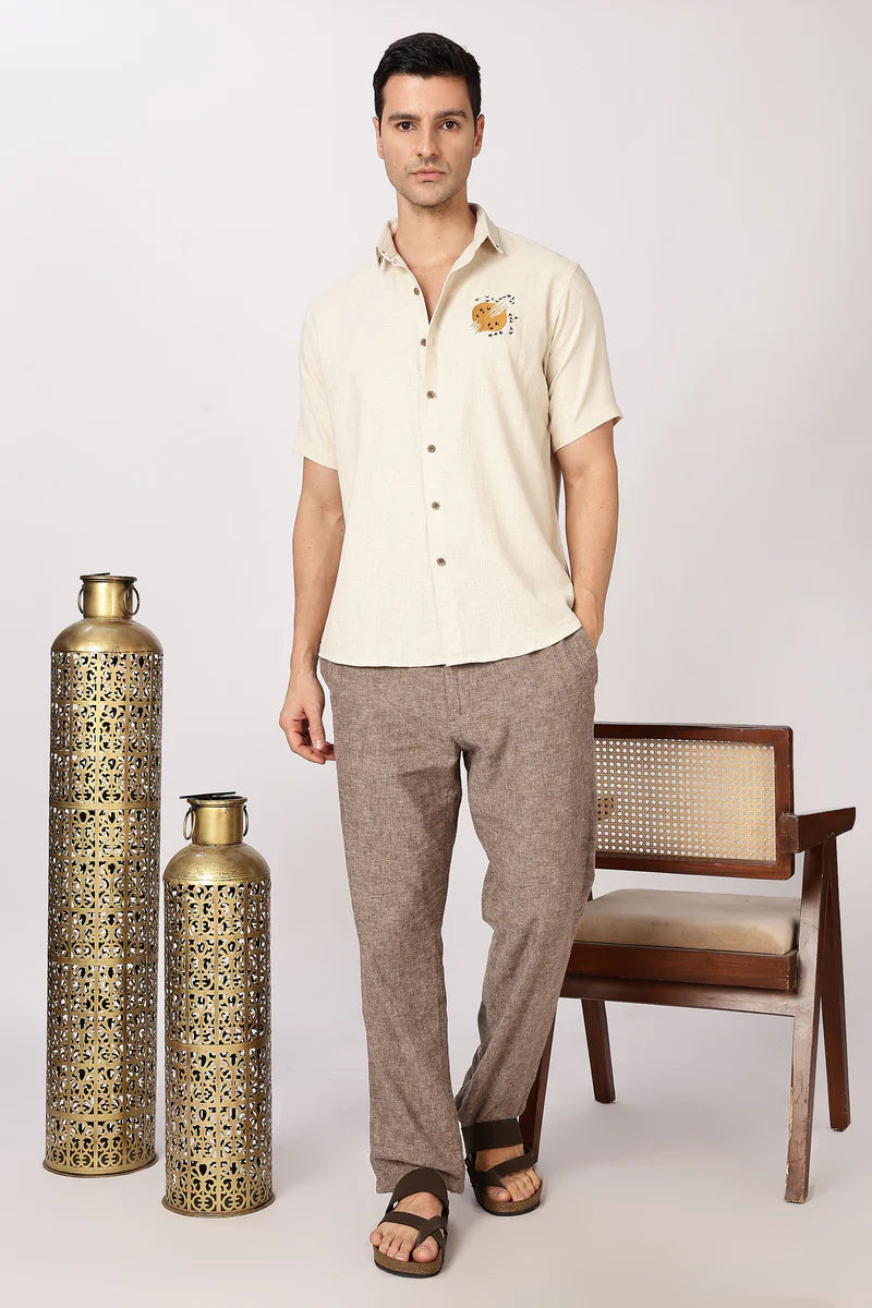 Sunflight Cotton Regular Fit Beige Embroidered Shirt