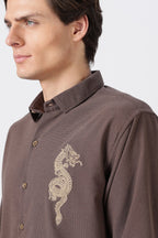 Imperial Dragon Cotton Regular Fit Brown Embroidered Shirt
