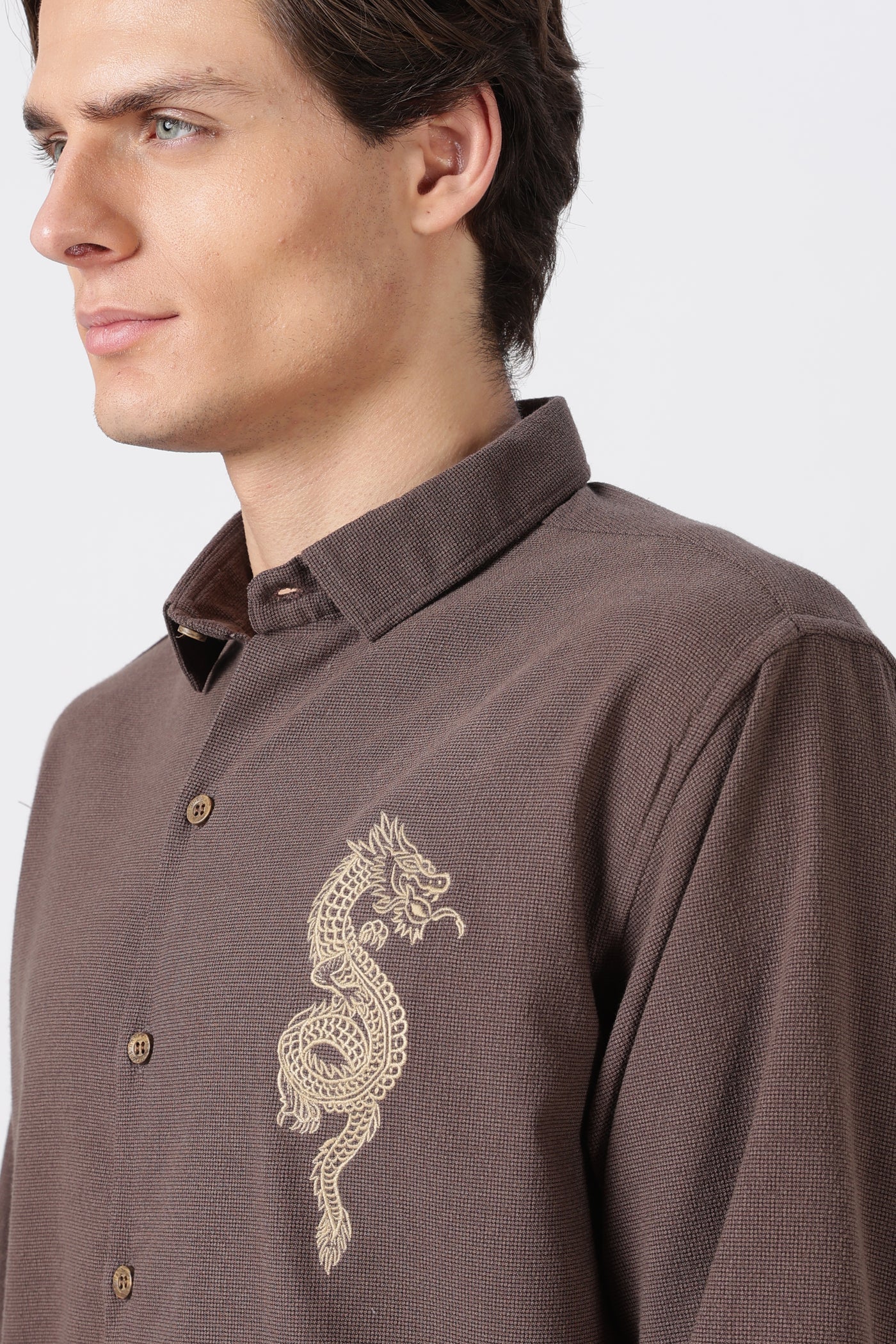 Imperial Dragon Cotton Regular Fit Brown Embroidered Shirt