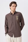 Imperial Dragon Cotton Regular Fit Brown Embroidered Shirt