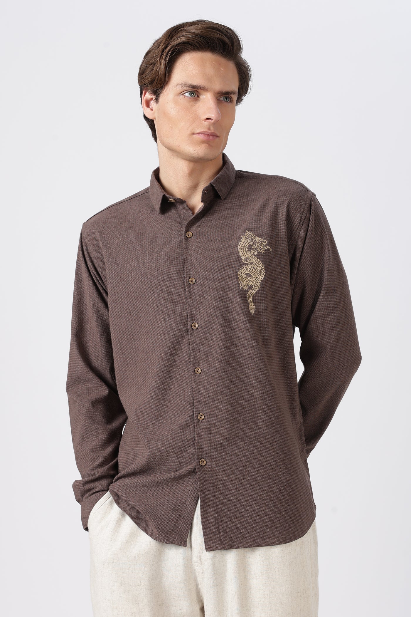 Imperial Dragon Cotton Regular Fit Brown Embroidered Shirt