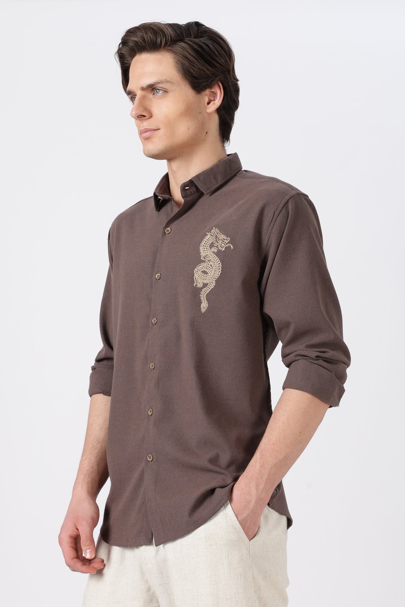 Imperial Dragon Cotton Regular Fit Brown Embroidered Shirt