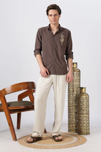 Imperial Dragon Cotton Regular Fit Brown Embroidered Shirt
