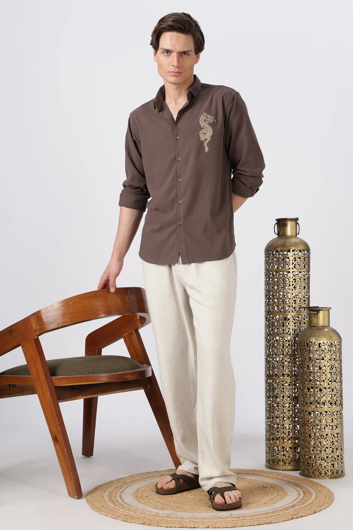 Imperial Dragon Cotton Regular Fit Brown Embroidered Shirt