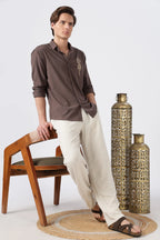 Imperial Dragon Cotton Regular Fit Brown Embroidered Shirt