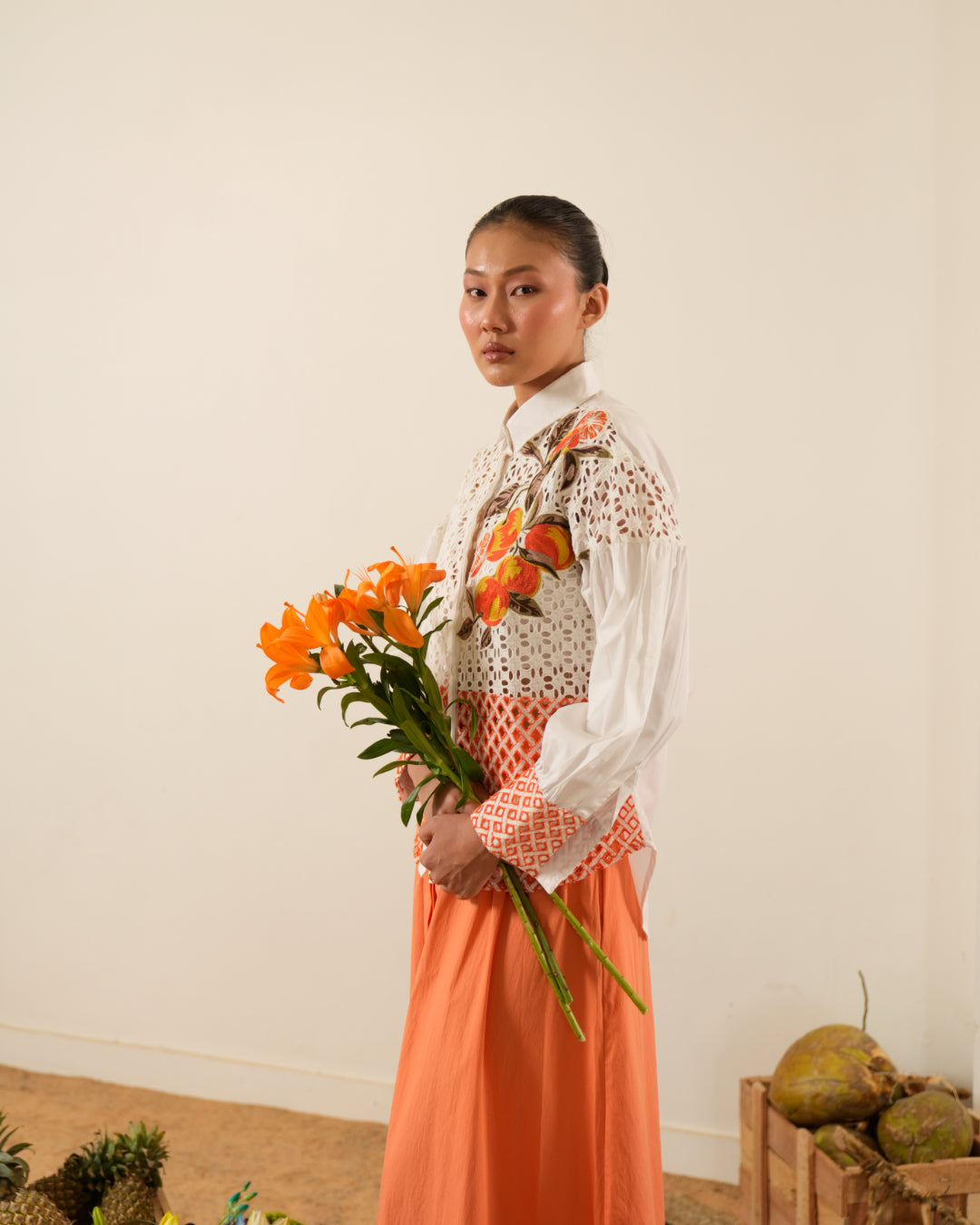 White and Orange Cotton T-shirt with Embroidery