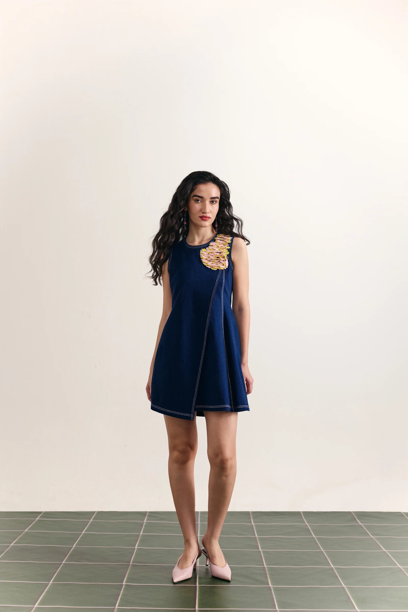 Denim Shoulder Embroidered A-line Dress
