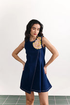 Denim Shoulder Embroidered A-line Dress