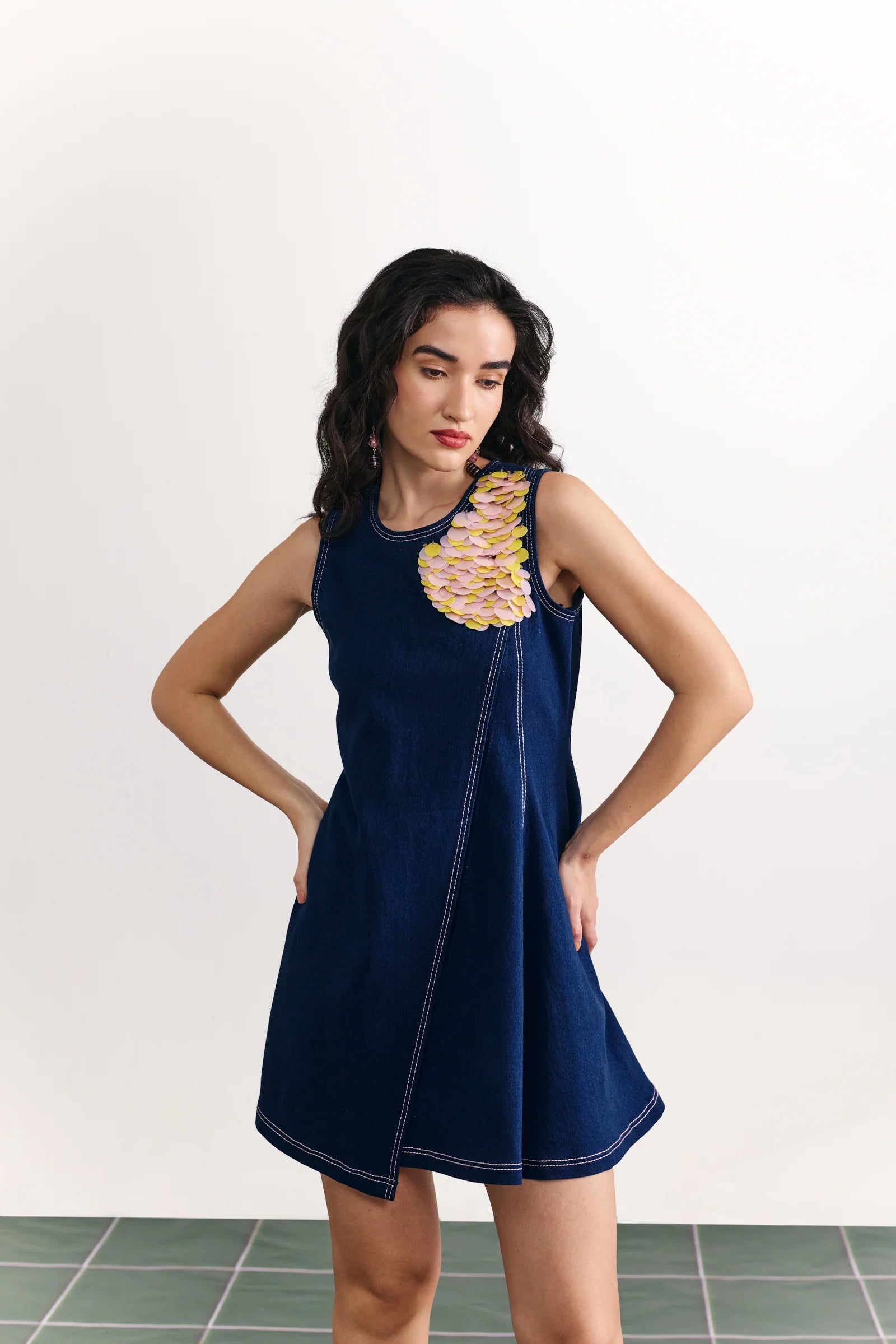 Denim Shoulder Embroidered A-line Dress