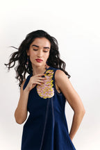 Denim Shoulder Embroidered A-line Dress