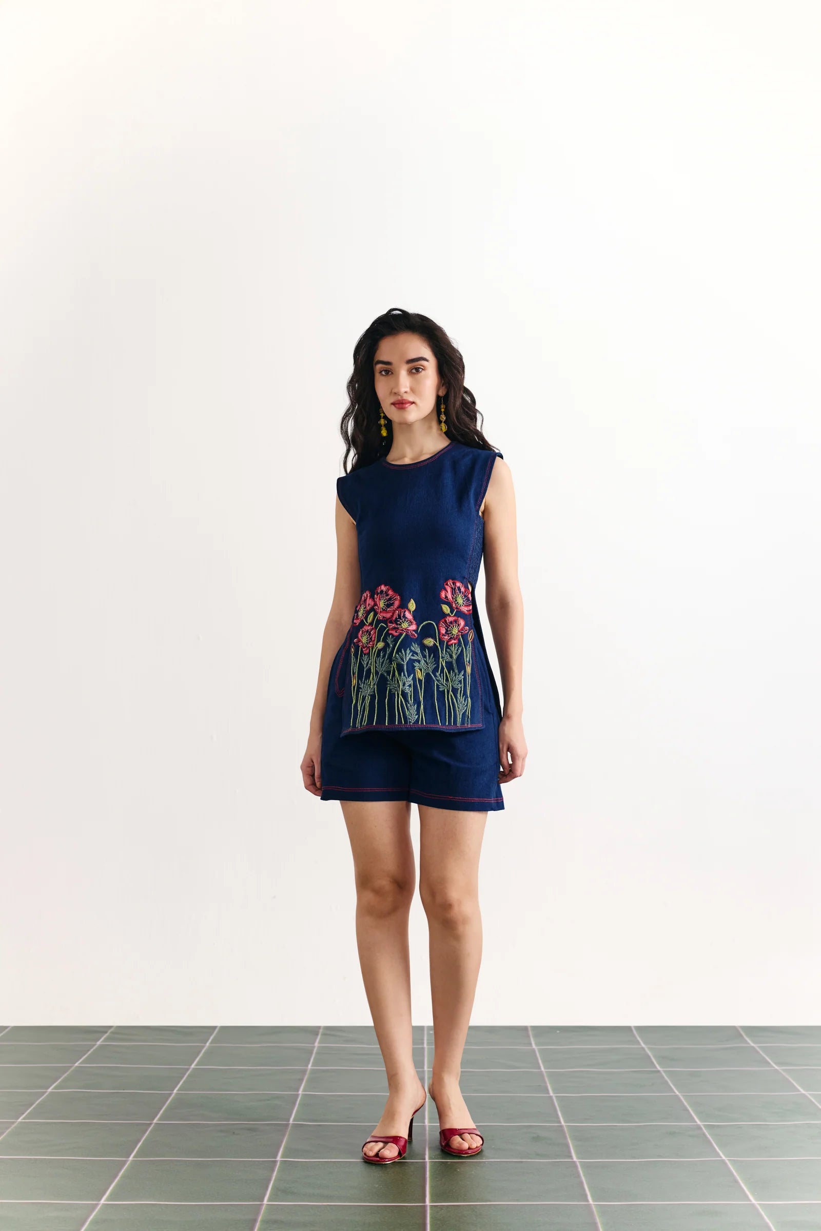 Denim Embellished Smocked Coord Set