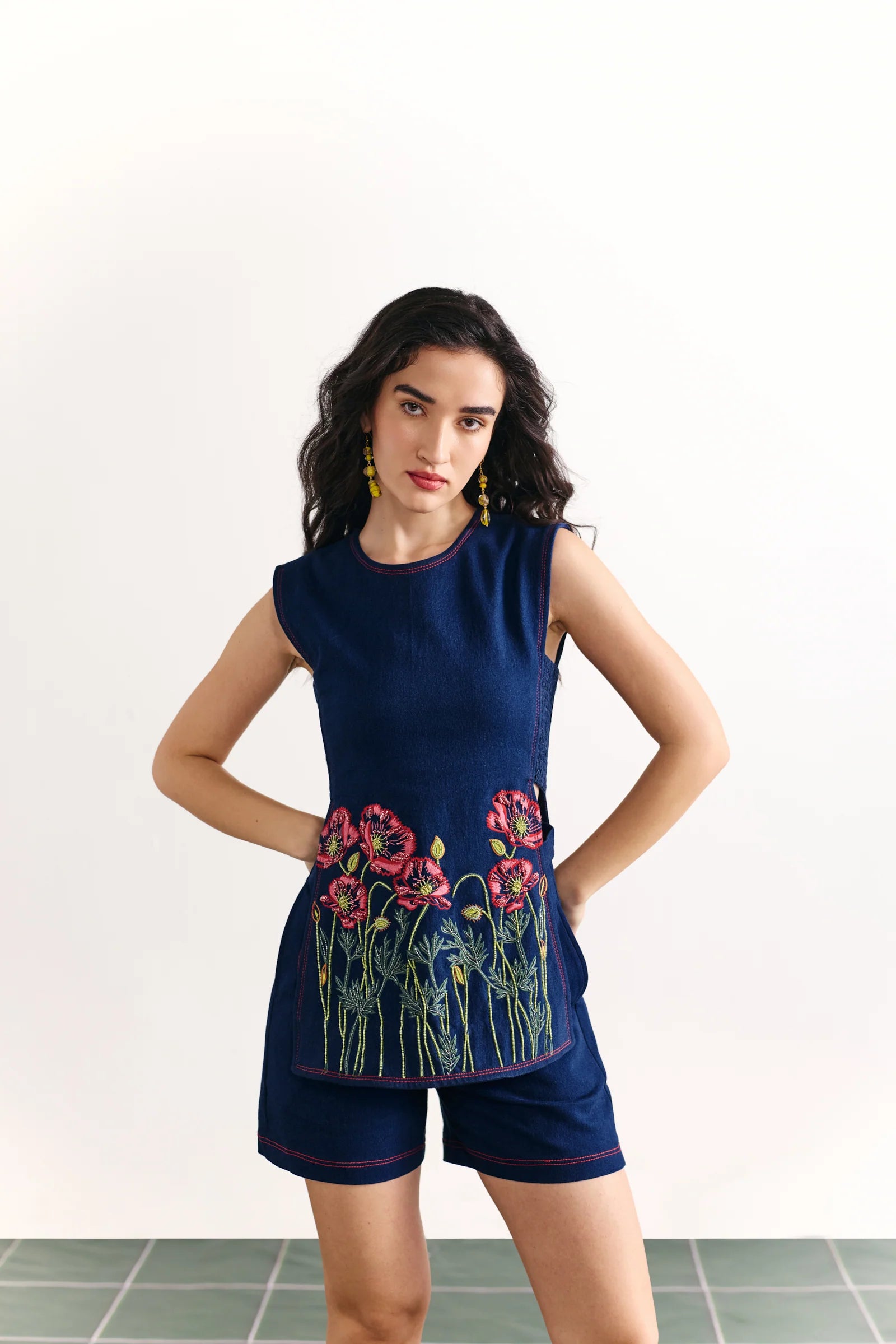 Denim Embellished Smocked Coord Set