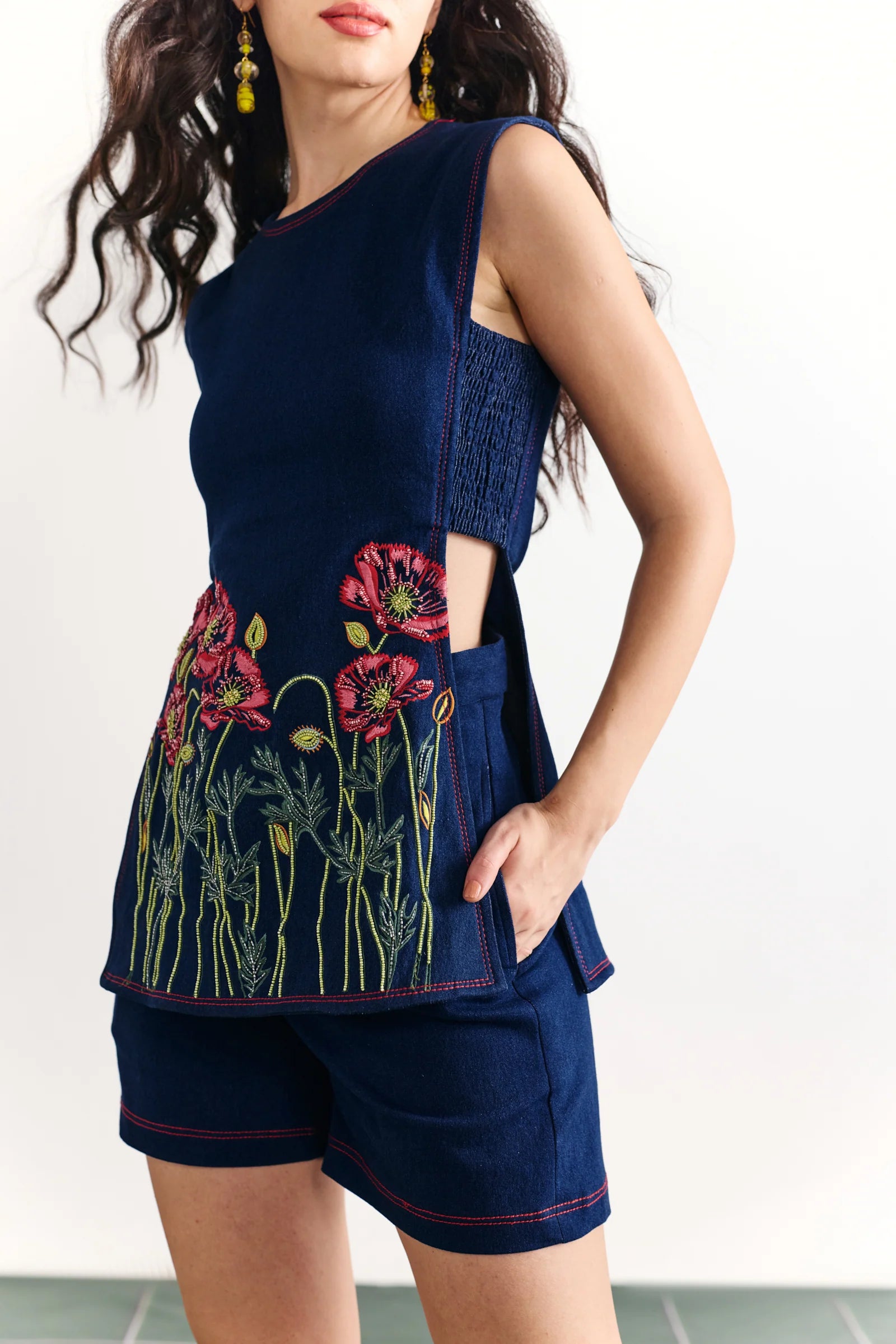 Denim Embellished Smocked Coord Set