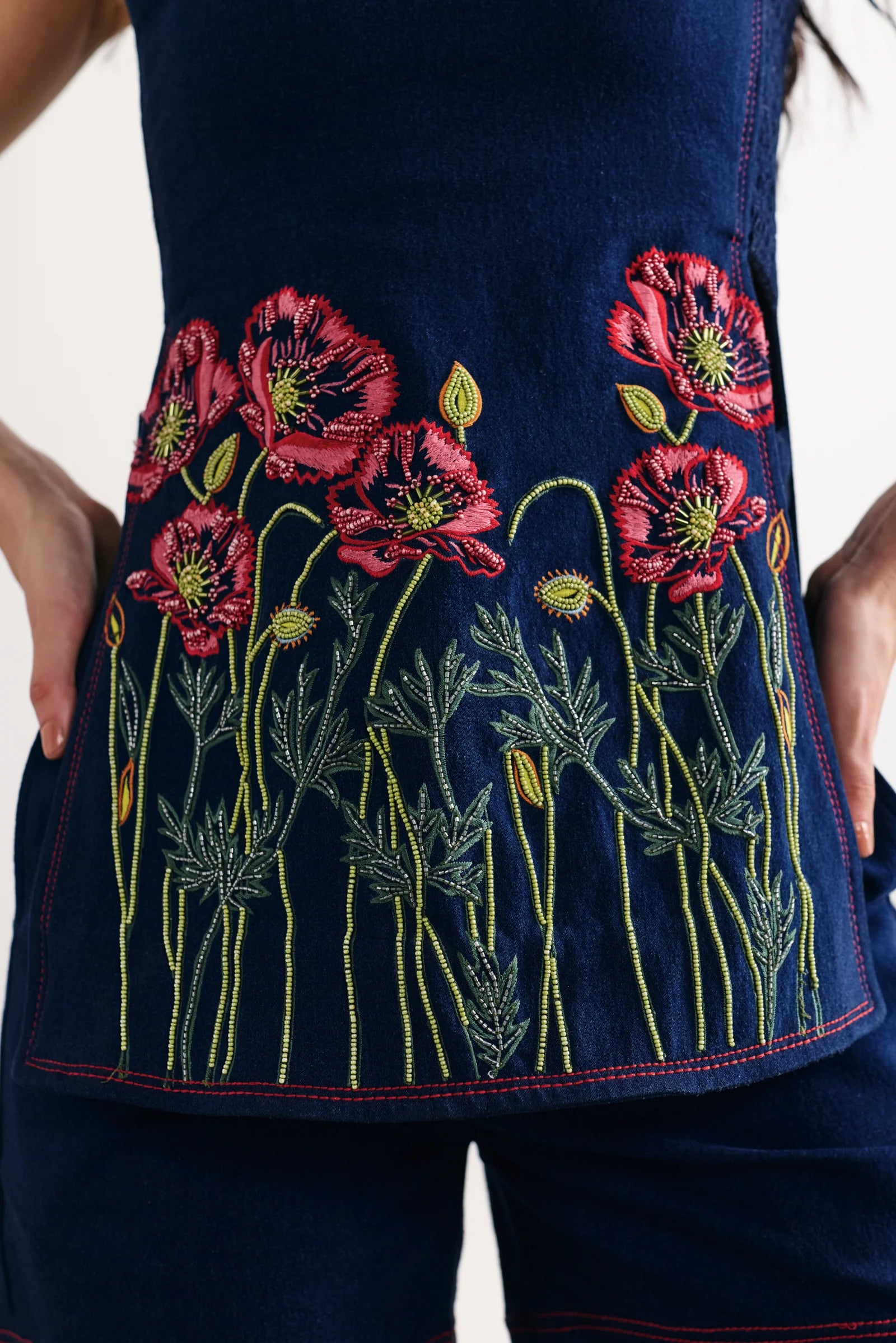 Denim Embellished Smocked Coord Set