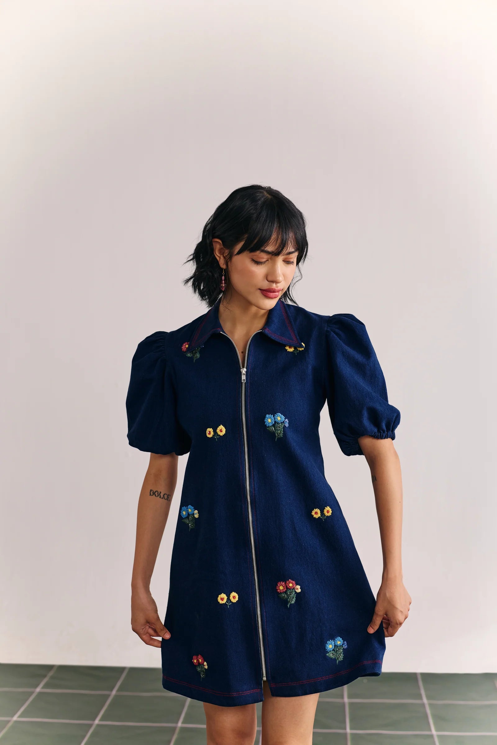 Denim Embellished Puffed Sleeve Dress