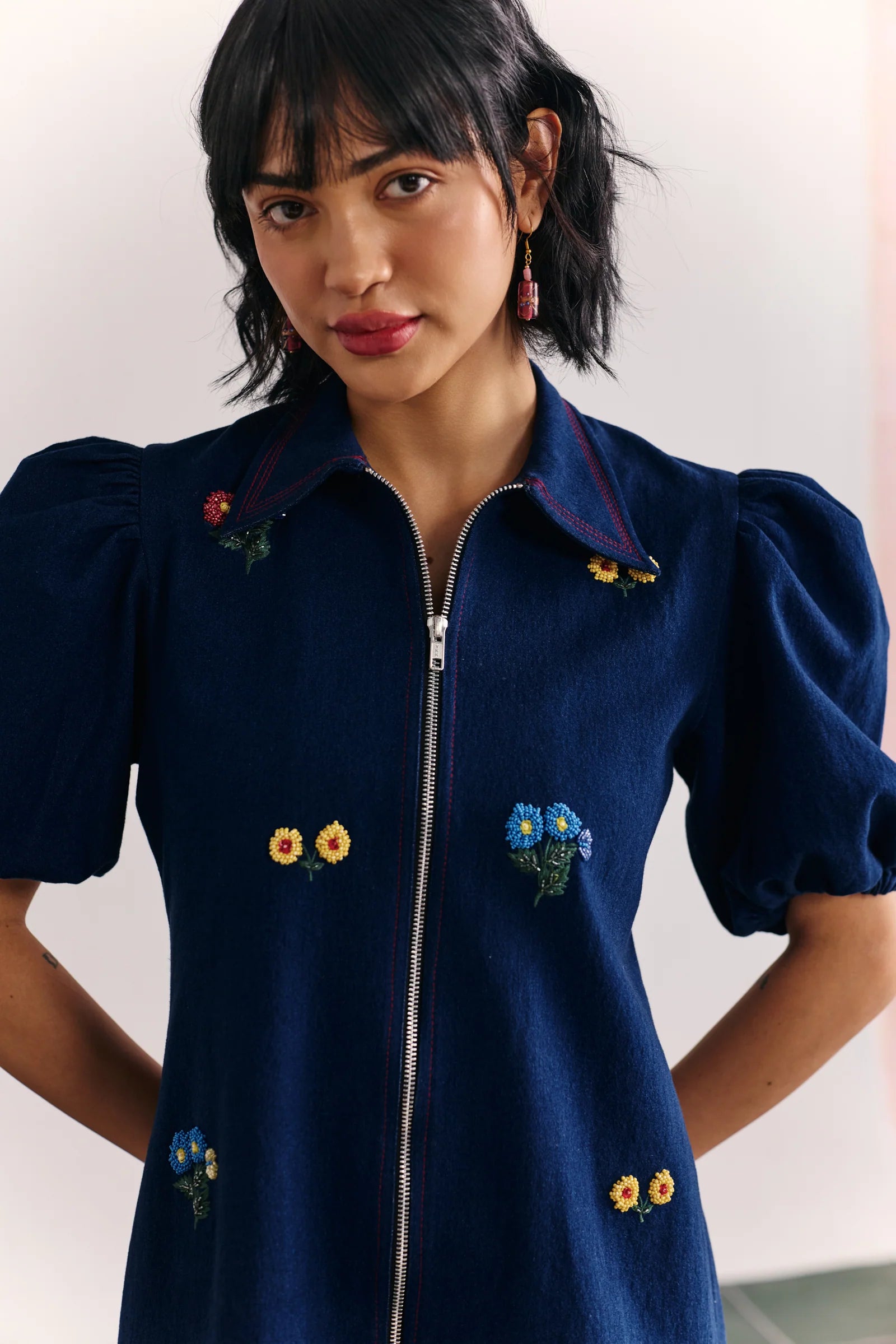Denim Embellished Puffed Sleeve Dress