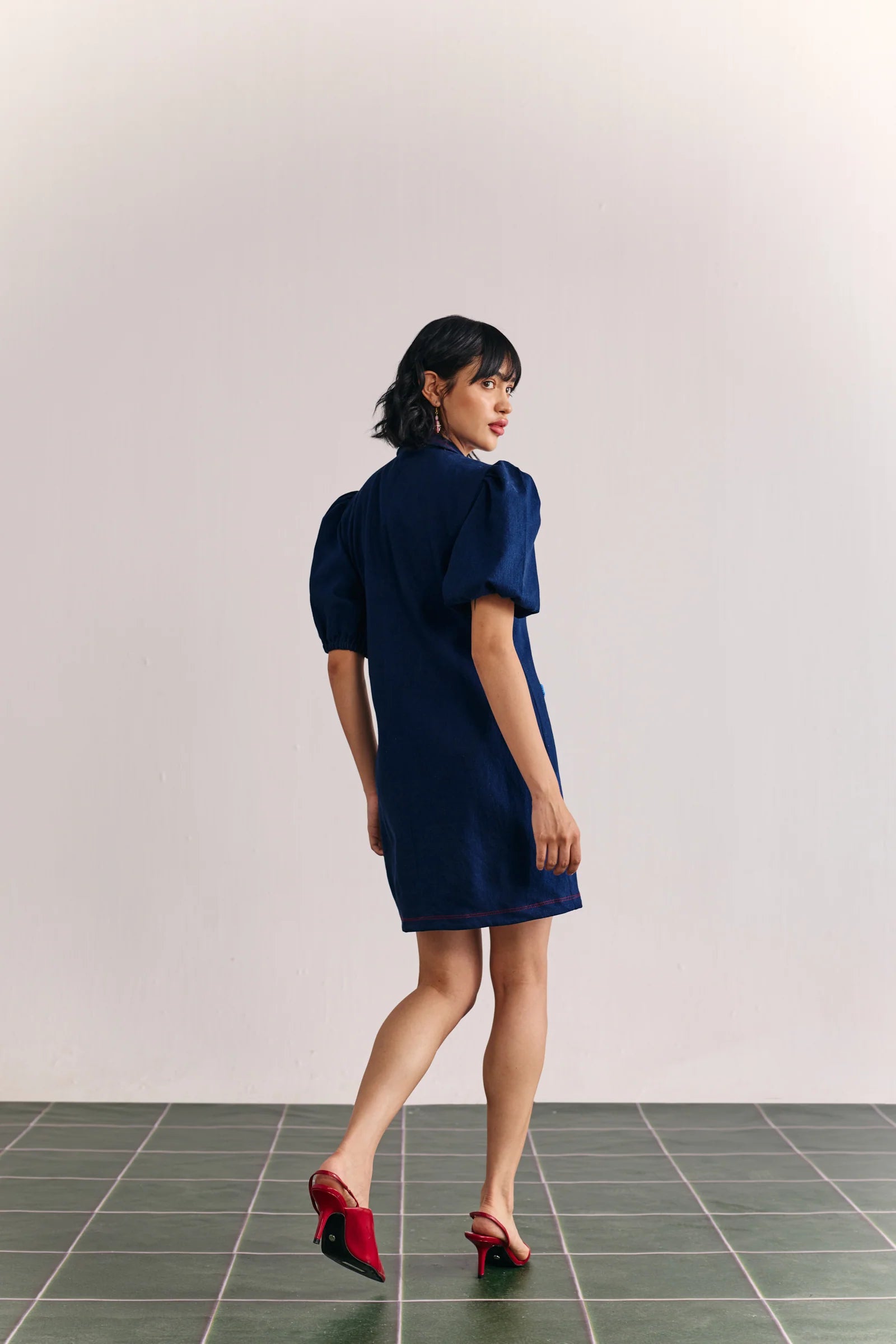 Denim Embellished Puffed Sleeve Dress