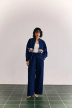 Denim-organza Embellished Bomber Jacket