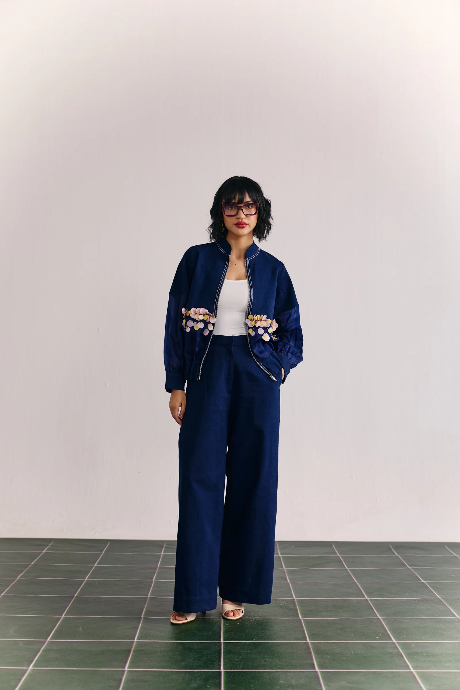 Denim-organza Embellished Bomber Jacket