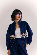 Denim-organza Embellished Bomber Jacket