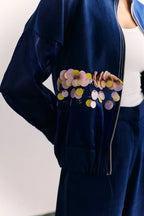 Denim-organza Embellished Bomber Jacket