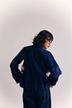 Denim-organza Embellished Bomber Jacket