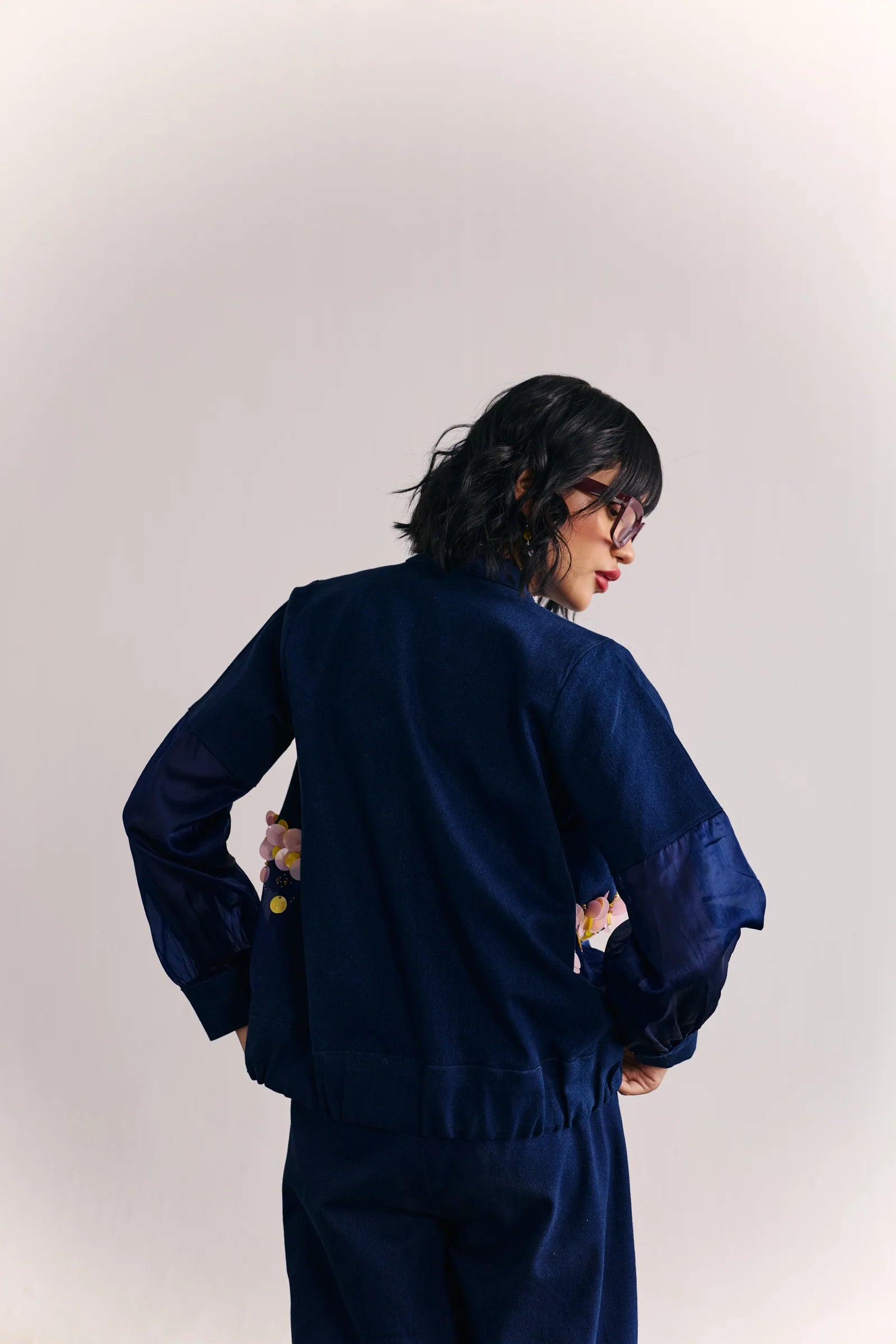 Denim-organza Embellished Bomber Jacket