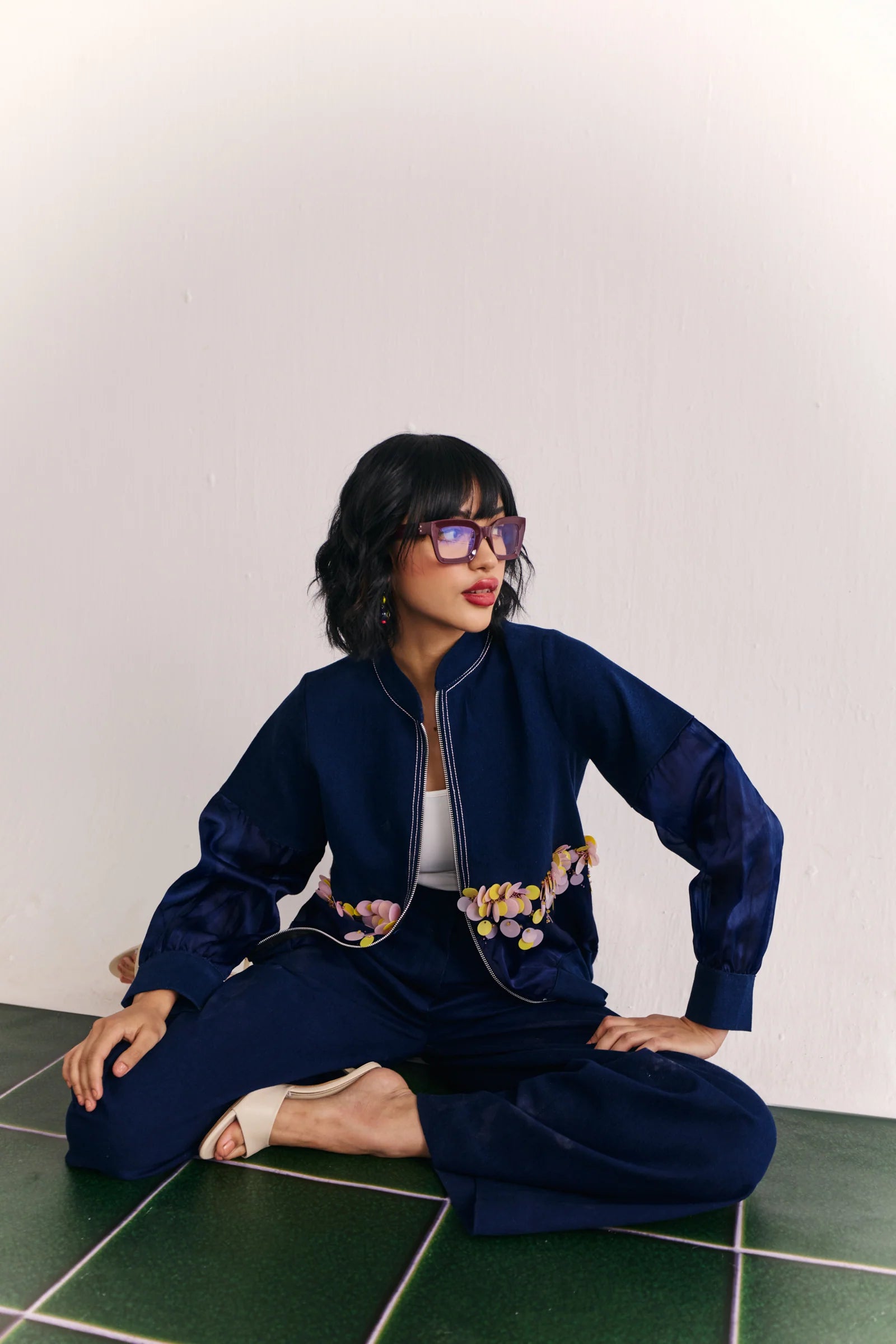 Denim-organza Embellished Bomber Jacket