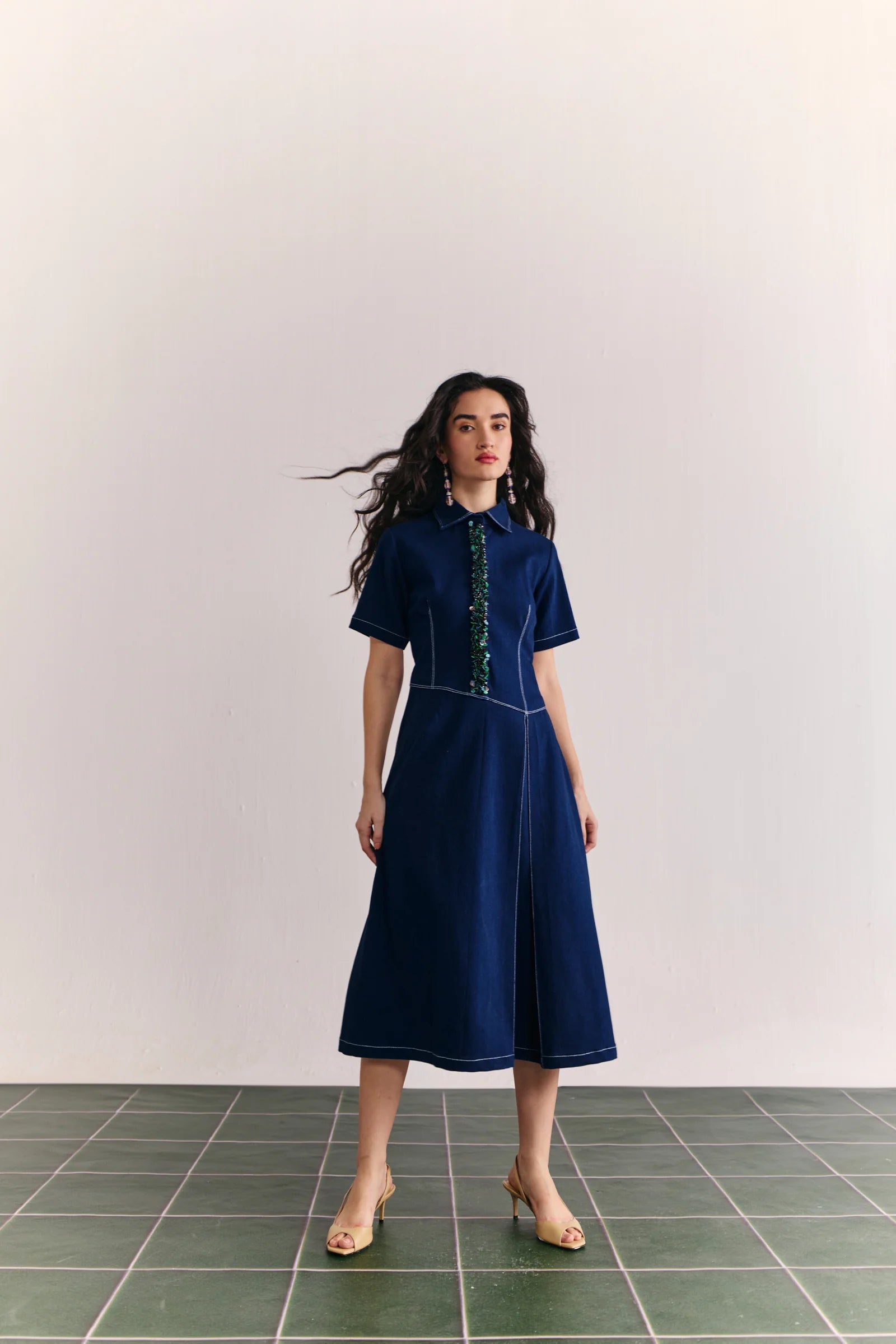Denim Embellished Placket Midi Dress
