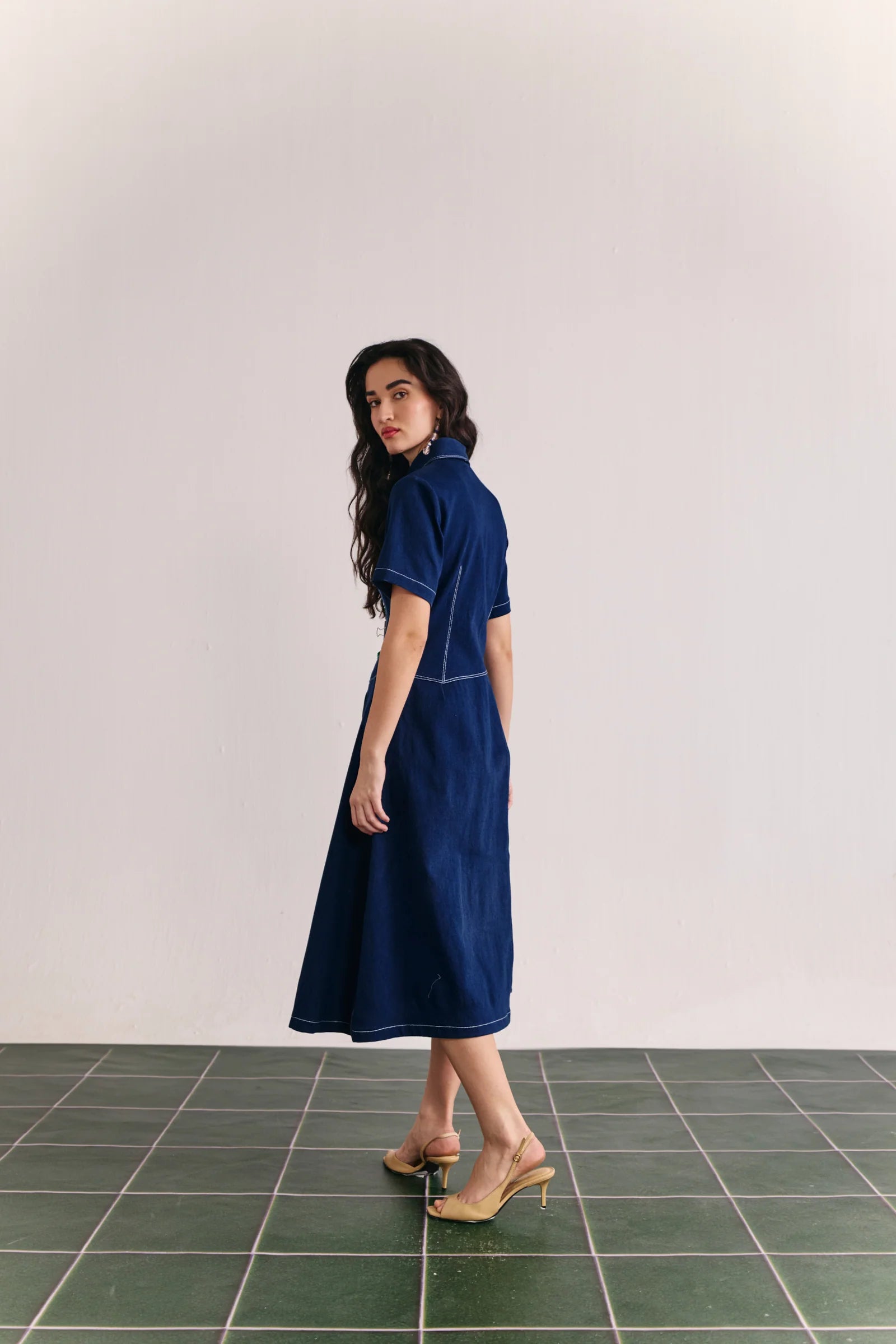 Denim Embellished Placket Midi Dress