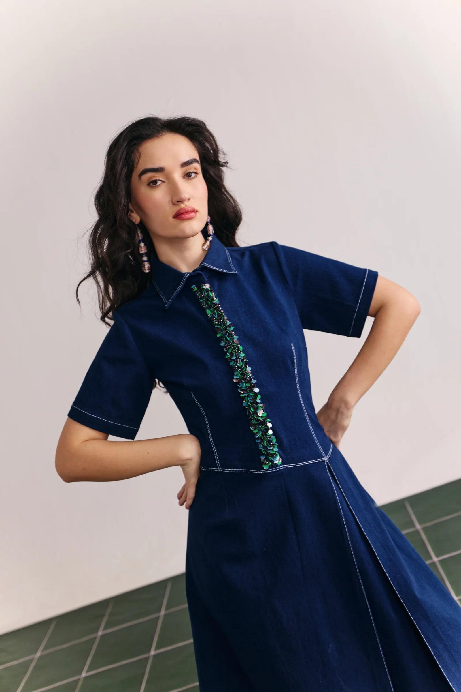 Denim Embellished Placket Midi Dress
