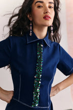 Denim Embellished Placket Midi Dress