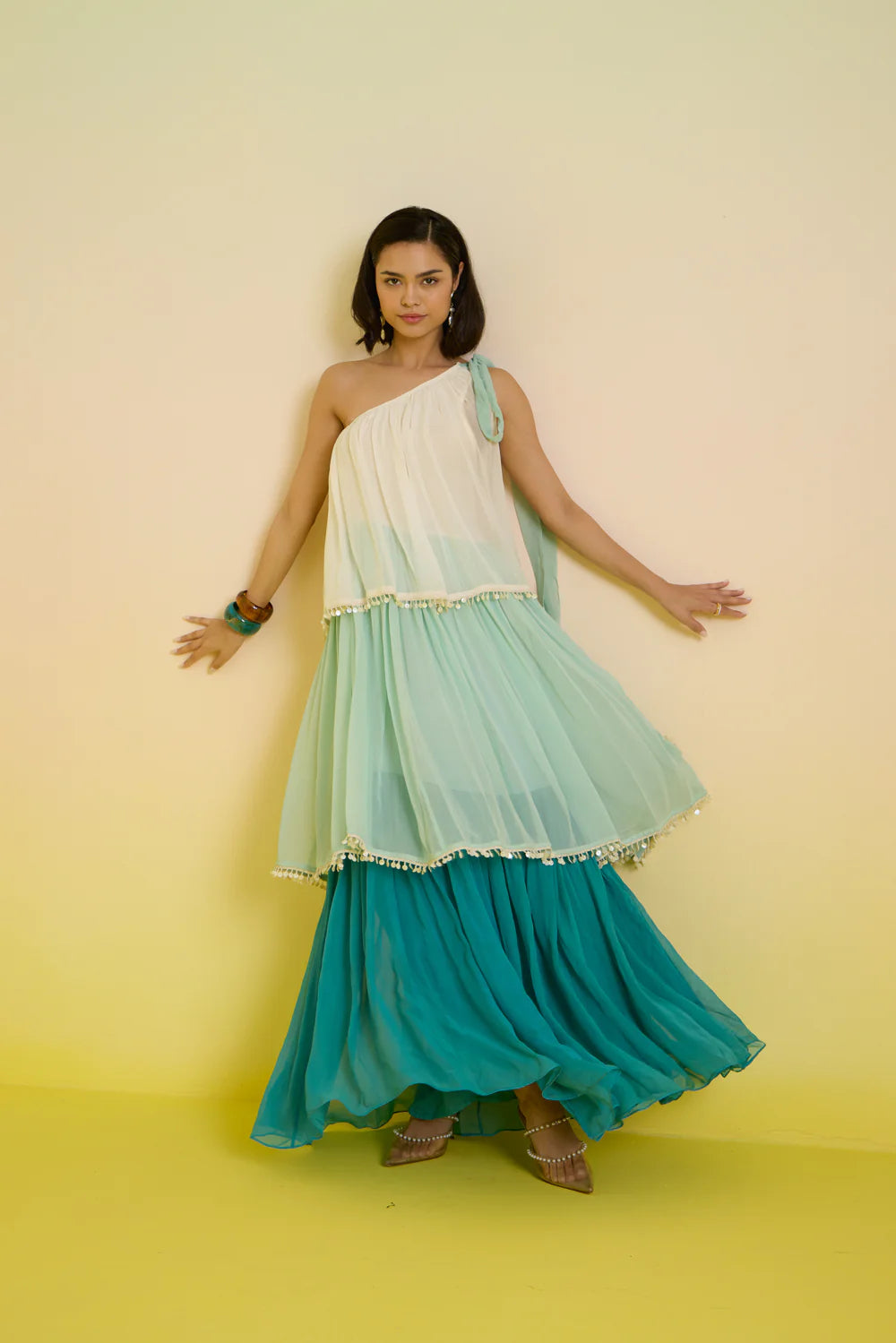 Mint- cascade tier dress