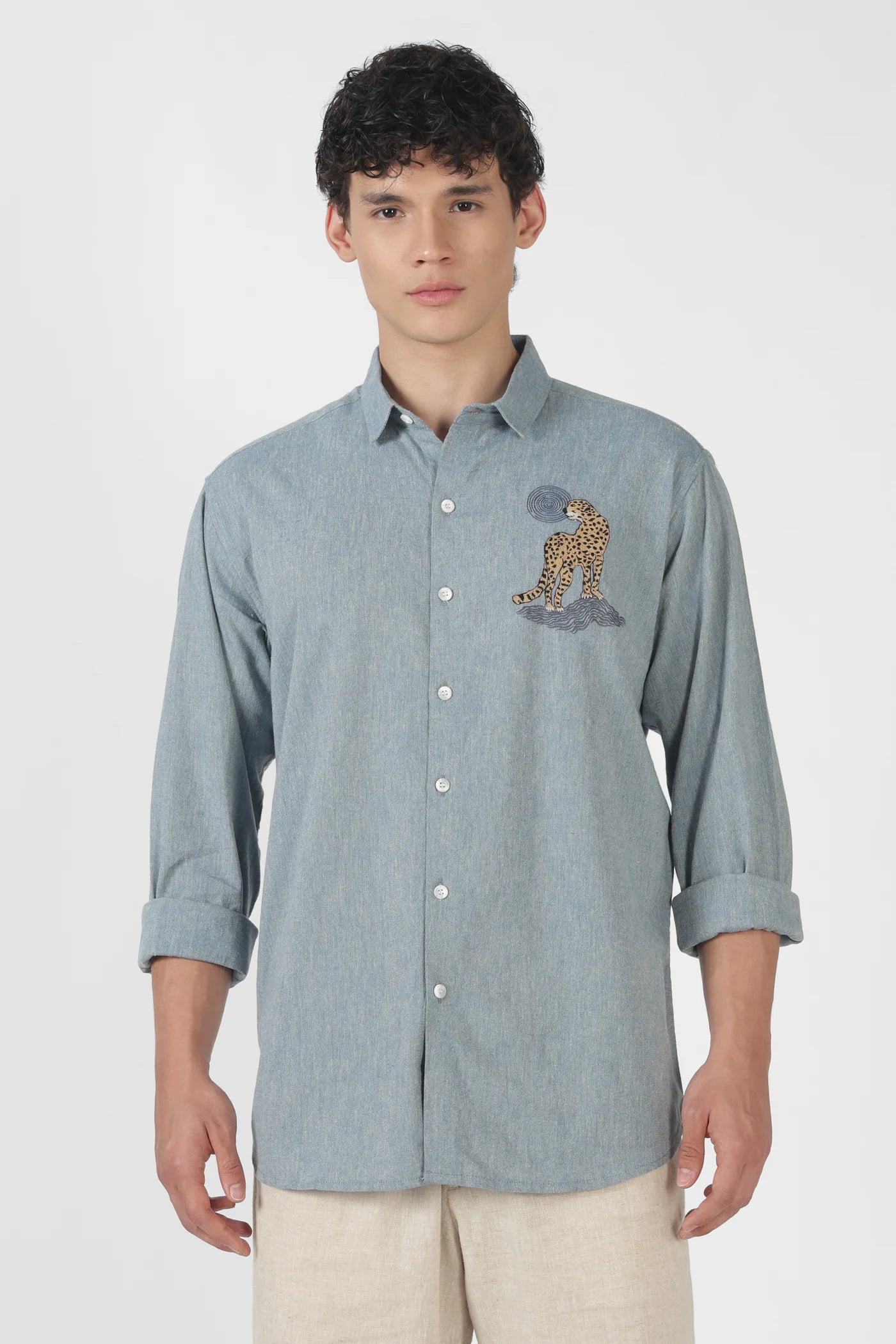 Desert Leopard Cotton Regular Fit Sky blue Embroidered Shirt