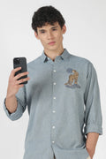 Desert Leopard Cotton Regular Fit Sky blue Embroidered Shirt
