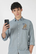 Desert Leopard Cotton Regular Fit Sky blue Embroidered Shirt