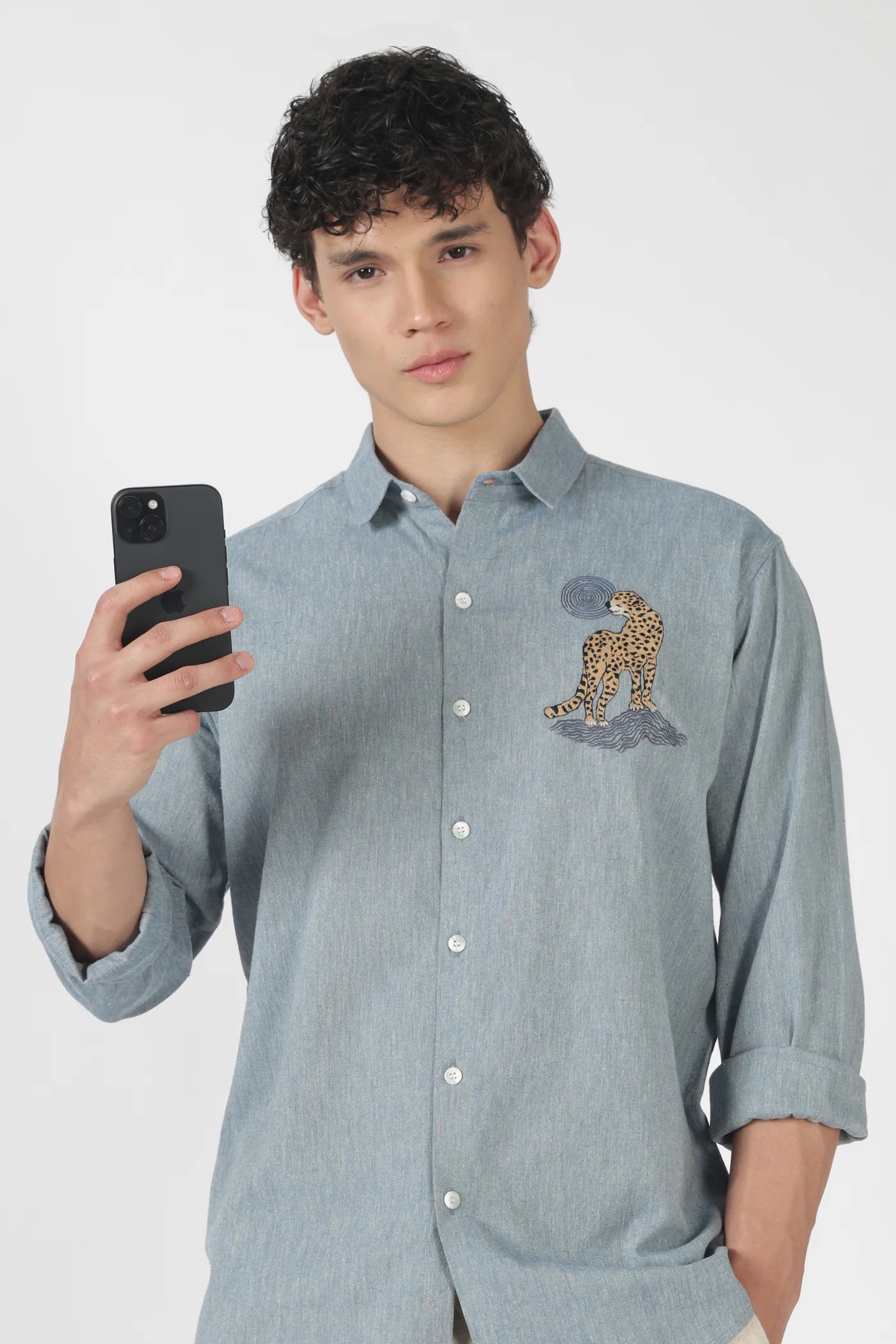 Desert Leopard Cotton Regular Fit Sky blue Embroidered Shirt