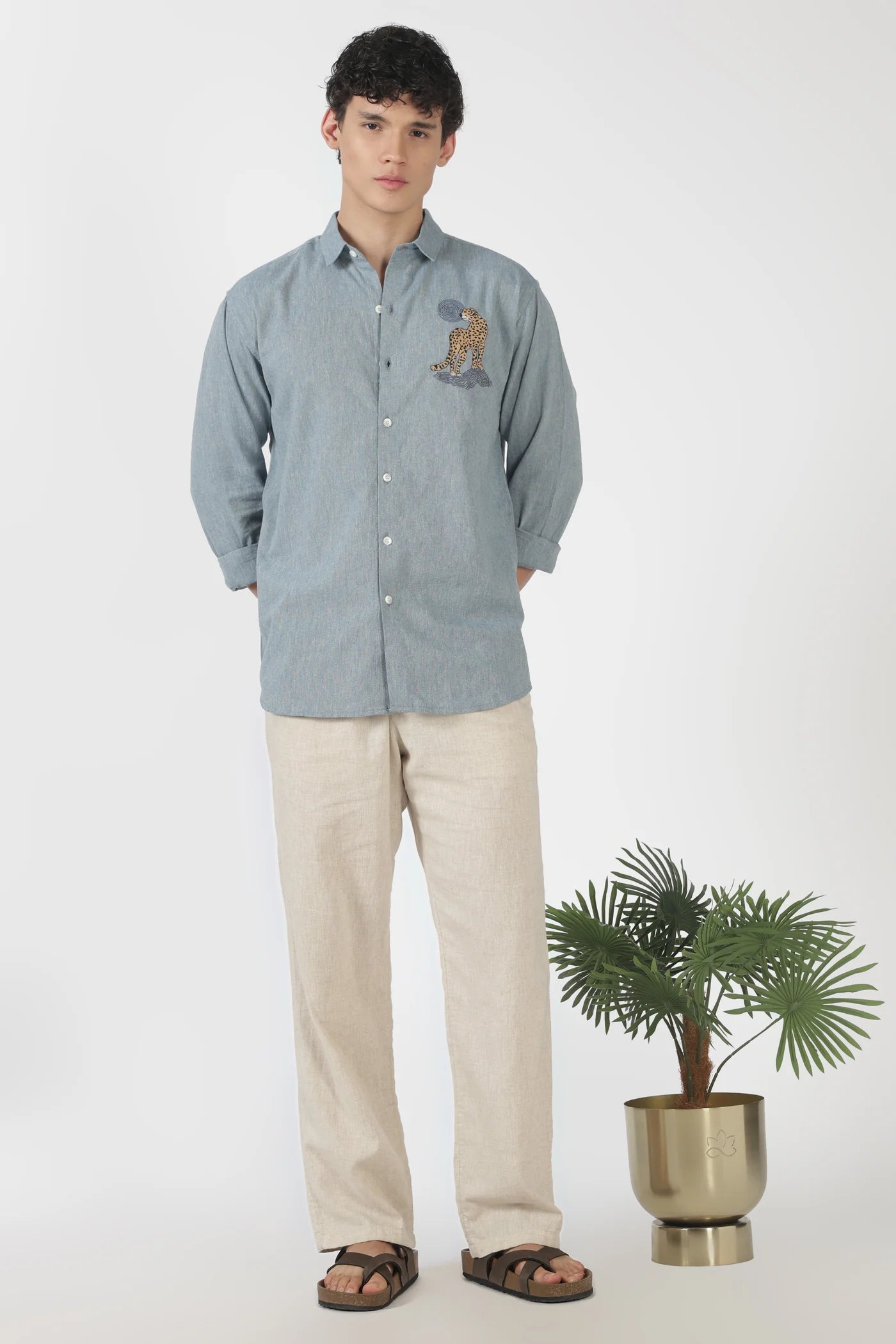 Desert Leopard Cotton Regular Fit Sky blue Embroidered Shirt