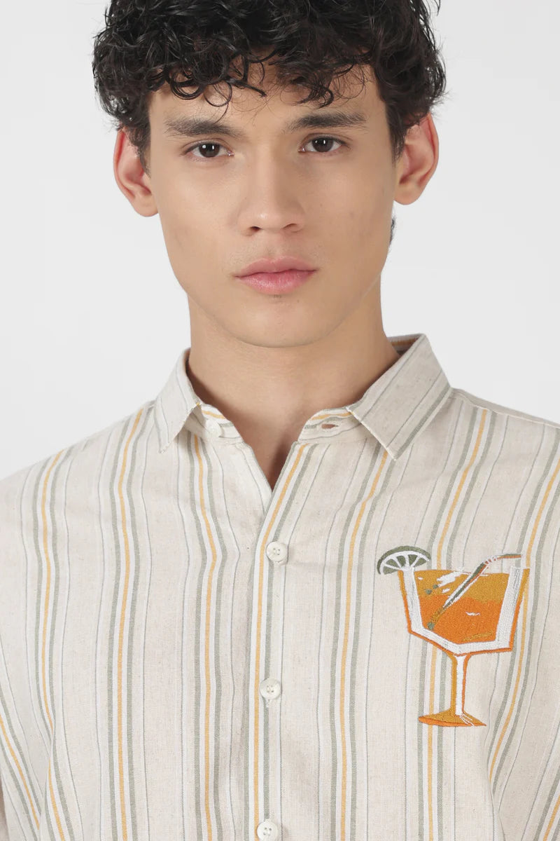 Citrus Spritz Cotton Regular Fit Beige Embroidered Shirt