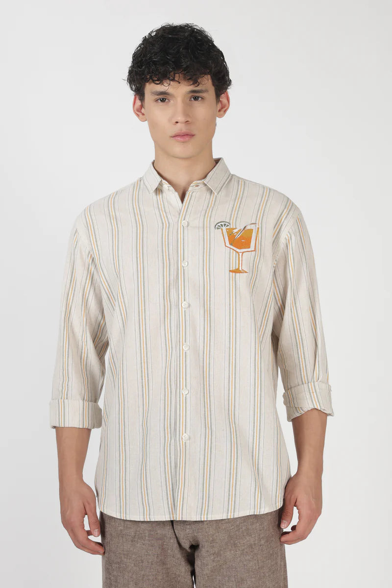 Citrus Spritz Cotton Regular Fit Beige Embroidered Shirt