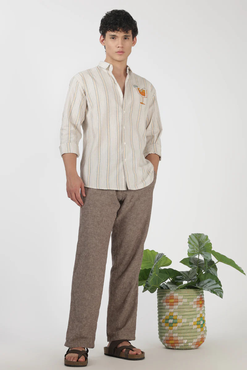Citrus Spritz Cotton Regular Fit Beige Embroidered Shirt