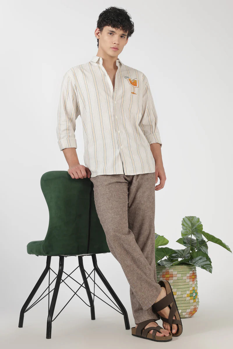 Citrus Spritz Cotton Regular Fit Beige Embroidered Shirt