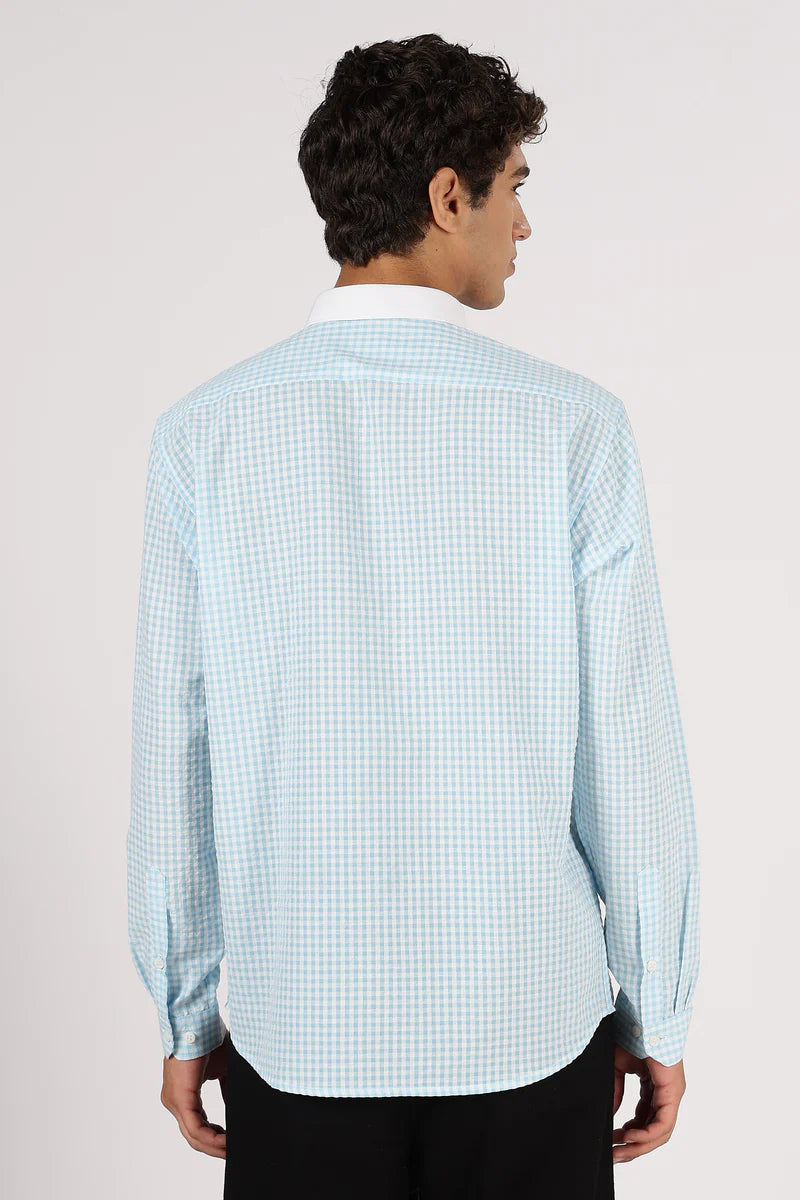 Palm Drive Cotton Regular Sky blue Embroidered Shirt
