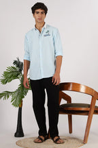 Palm Drive Cotton Regular Sky blue Embroidered Shirt
