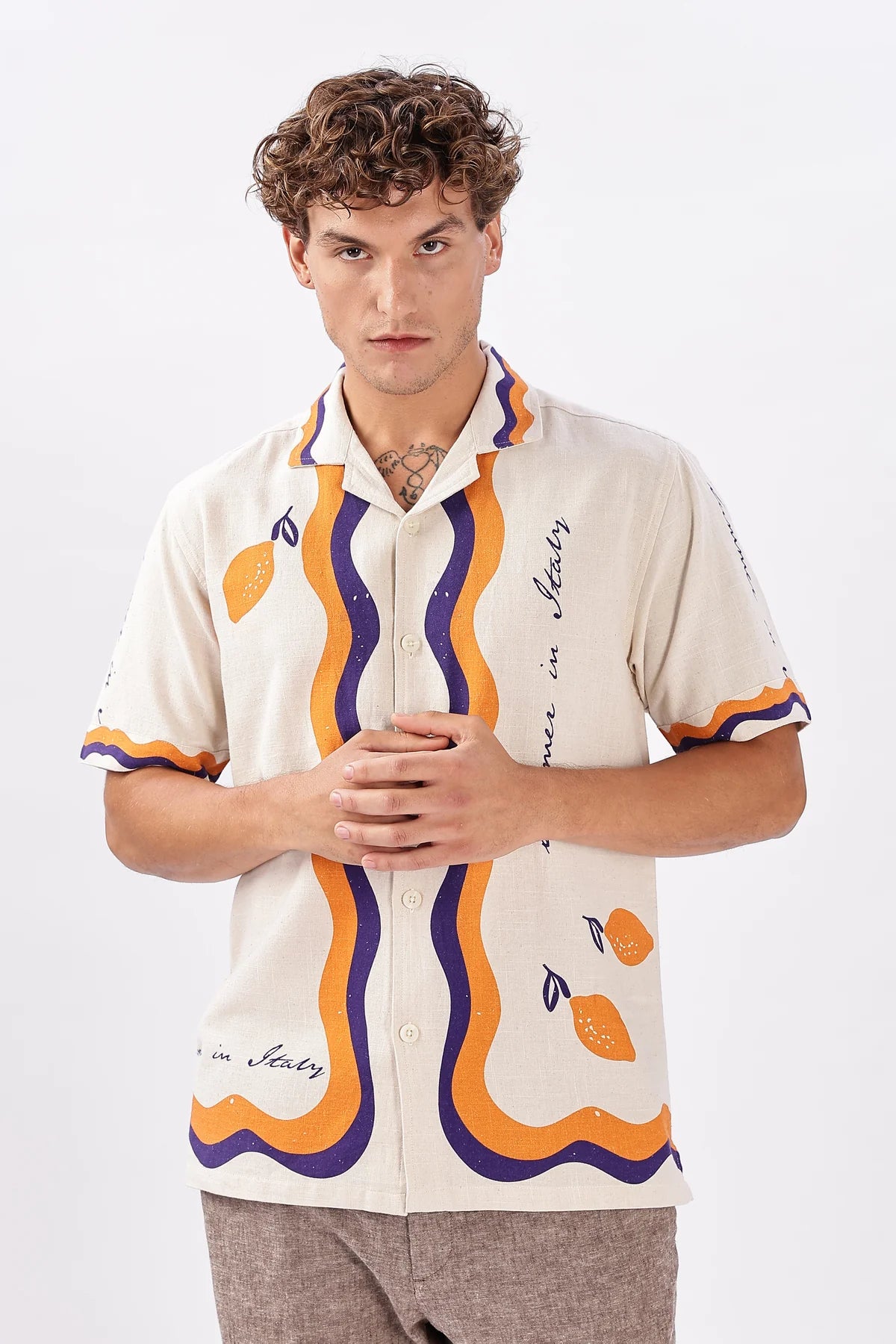 Retro Cuban Collar Shirt with Tangerine & Violet Waves